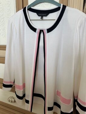 Ming Wang White Knit Cardigan with Pink & Navy Trim